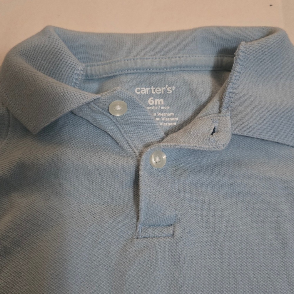 Carters Baby Boys Blue Short Sleeve Polo Bodysuit 6M Pique Knit Snap Bottom - Picture 2 of 3